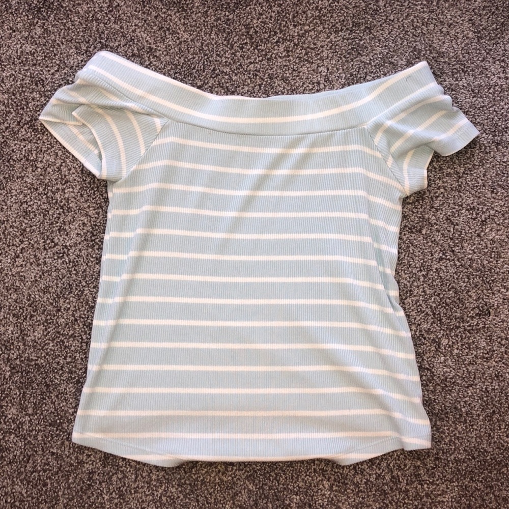 Blue and white striped off-the-shoulder top